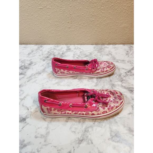 Sperry Top-Sider Girls Pink Leopard‎ Pattern Biscayne 1 Eye Sequin Boat Shoe 4M - Picture 2 of 8